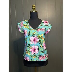 Express Tropical Floral Print V-Neck Shirt XS Extra Small‎